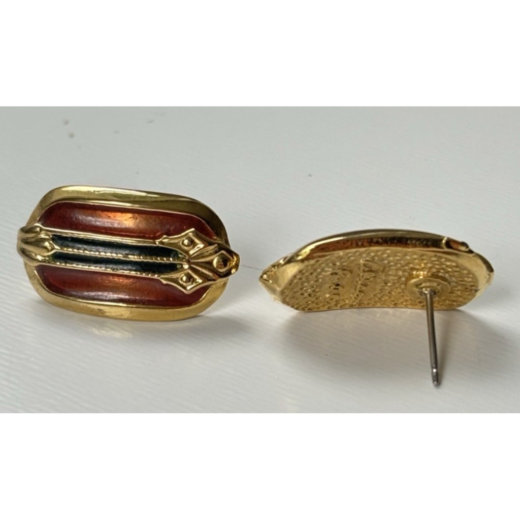 Vintage Allison Reed Earrings Cloisonne Stud Rectangle Gold Tone Copper Green